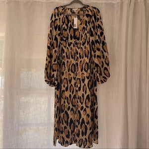 Topshop Satin Leopard Midi Dress with Balloon Sleeves